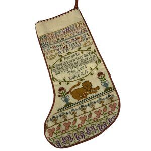 Handmade Cross Stitched Christmas Stocking Luke 2:11 Bible Verse Floral Lion